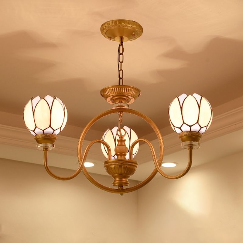 3/5 Bulbs Dining Room Chandelier Lamp Tiffany Gold Pendant Light with Flower Hand Cut Glass Shade