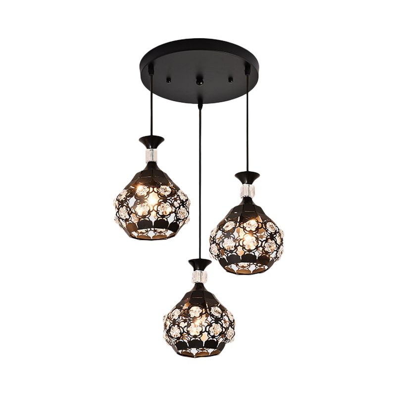 Black Hollow Out Floret Multi-Pendant Modernisme 3 Lumières Crystal Embedded Suspension Lampe