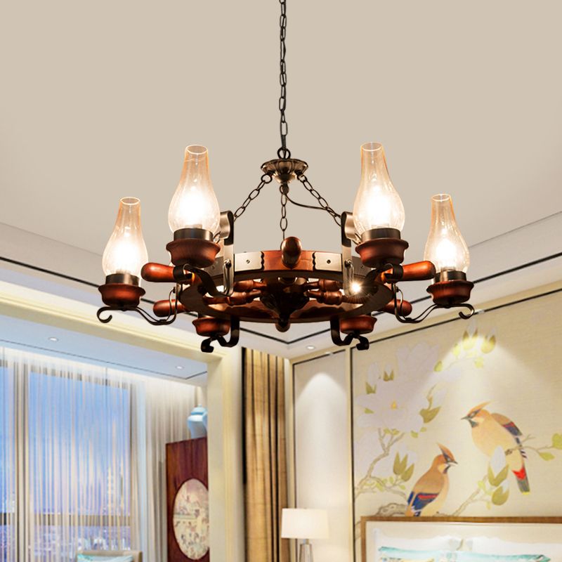 6/8-Light Drop Pendant Factory Vase Clear Glass Chandelier Light Fixture with Wood Rudder in Brown