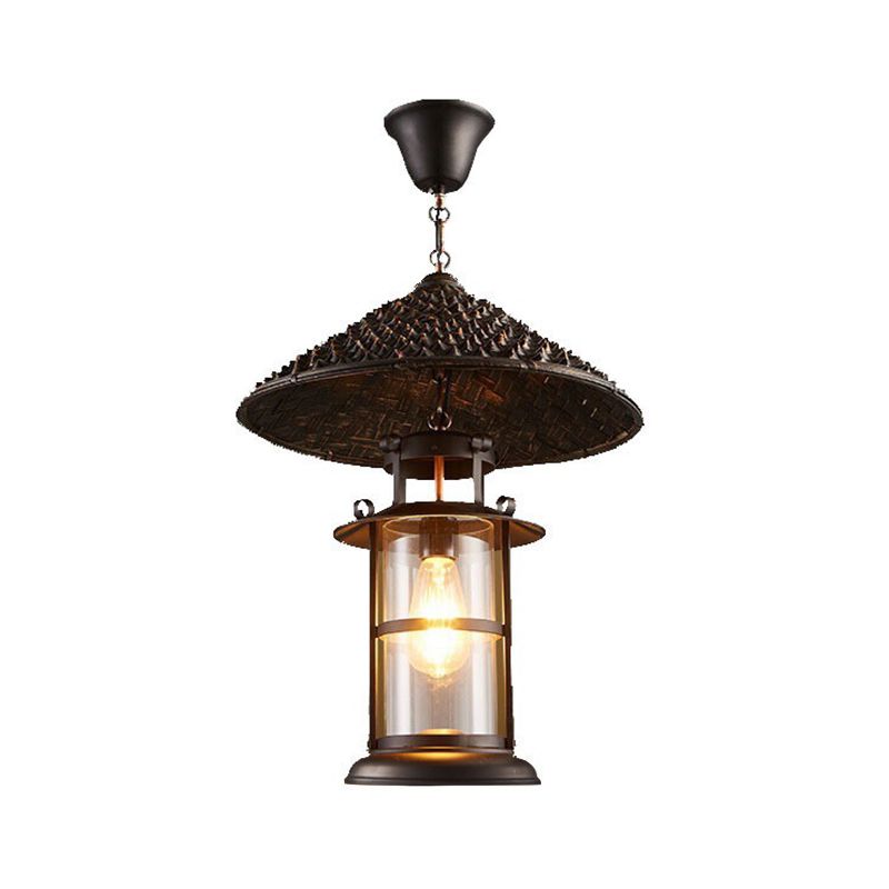 Black 1 Bulb Pendulum Light Rural Rural Transparent Glass Cilindro sospeso con decorazione a cappello a punta