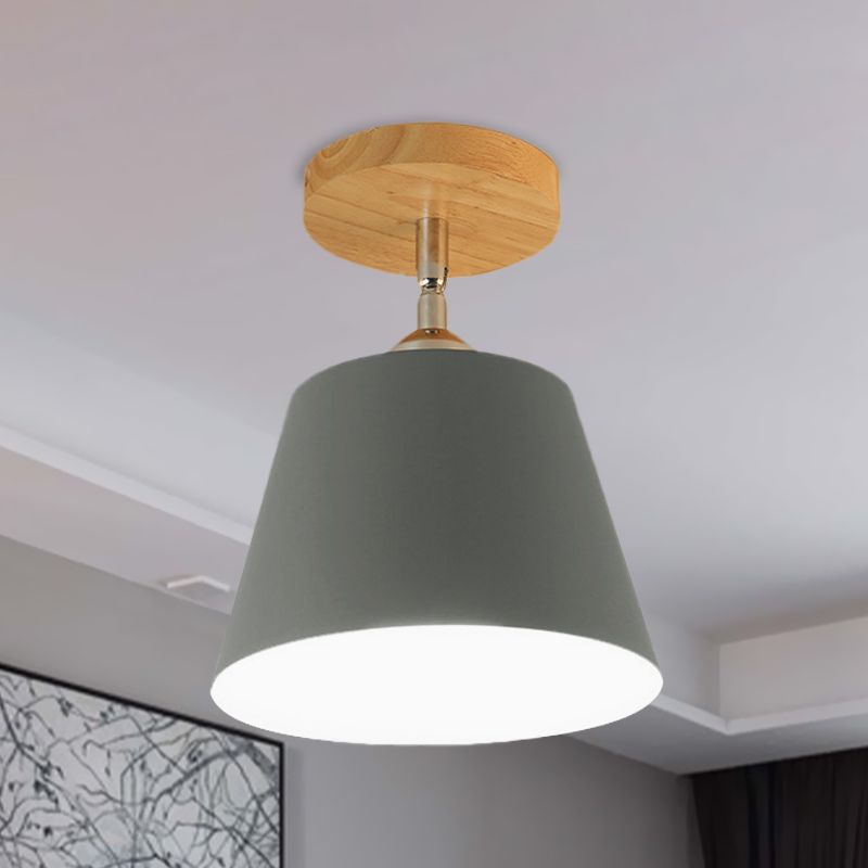 1 Light Tapered Semi Flush Pendant Light Modernism Gray/Pink Metal and Wood Adjustable Ceiling Light