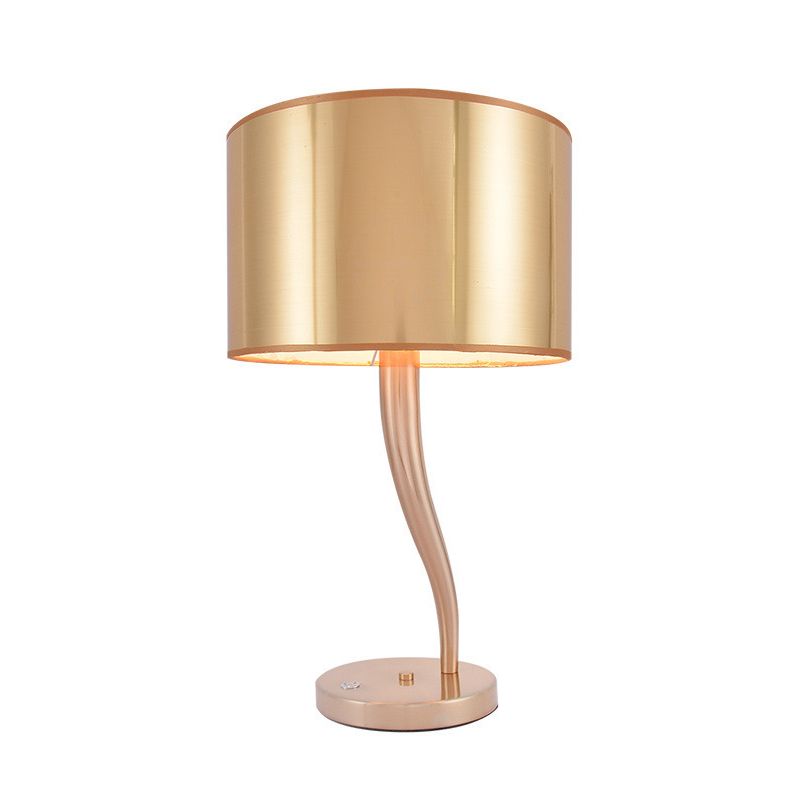 Gold Finish Drum Night Table Light Modernist 1-Light Fabric Nightstand Lamp for Living Room