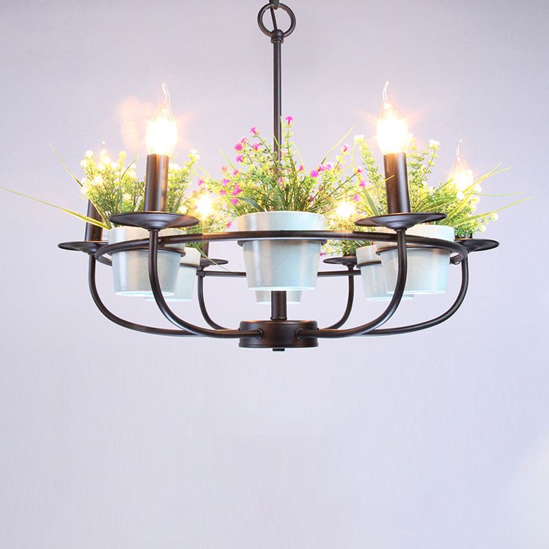 Metal Black Chandelier Light Candle 6/8 Lights Vintage Style Hanging Ceiling Fixture with Flowerpot Deco