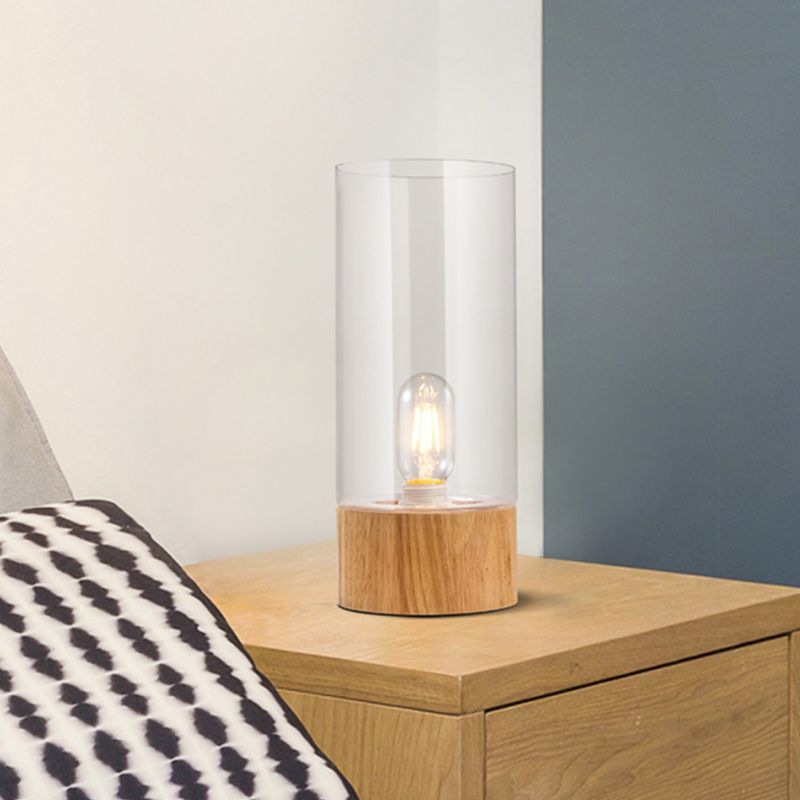 Cylinder Bedroom Small Desk Light Clear Glass 1 Bulb LED Simple Reading Book Lamp with Wood Base