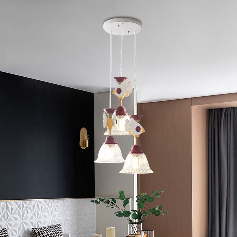 Cartoon Flared Cluster Pendant Clear Glass 3 Lights Bedroom Ceiling Suspension Lamp in Red with Globe/Bird Design