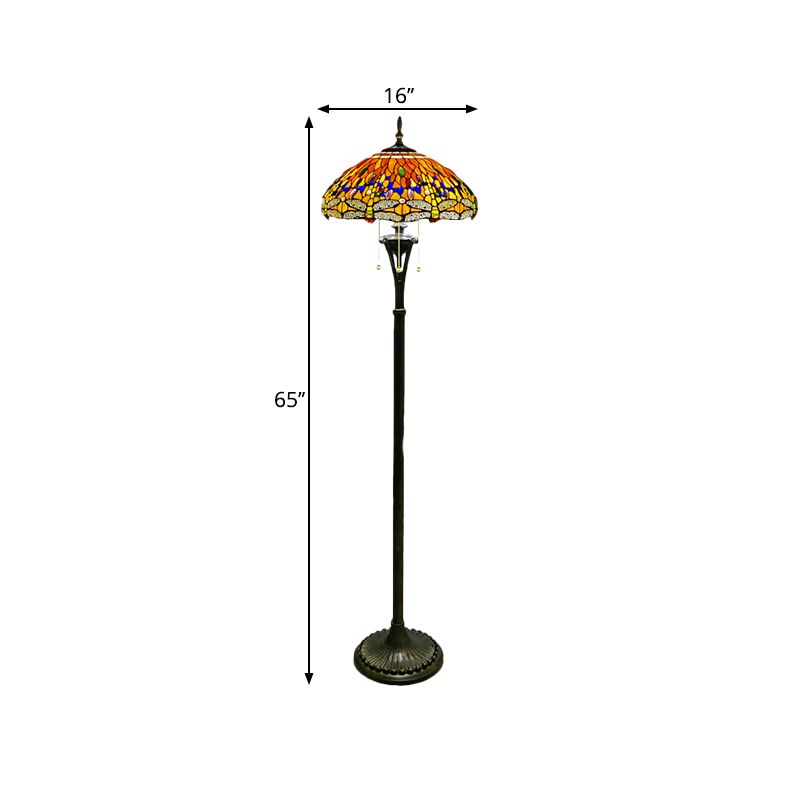 Stained Glass Dragonfly Reading Floor Lamp Baroque 3 Heads Yellow/Blue/Green Pull Chain Stand Up Light with Domed Shade