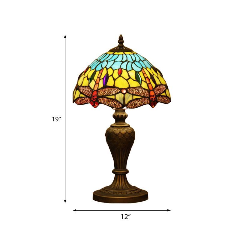 Stained Glass Domed Night Light Victorian 1 Light Yellow and Blue Dragonfly Patterned Desk Lamp with Urn-Shaped Base