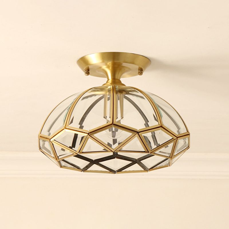 Colonial Style Bowl Ceiling Lighting 1-Light Clear Glass Semi Flush Mount Light in Brass