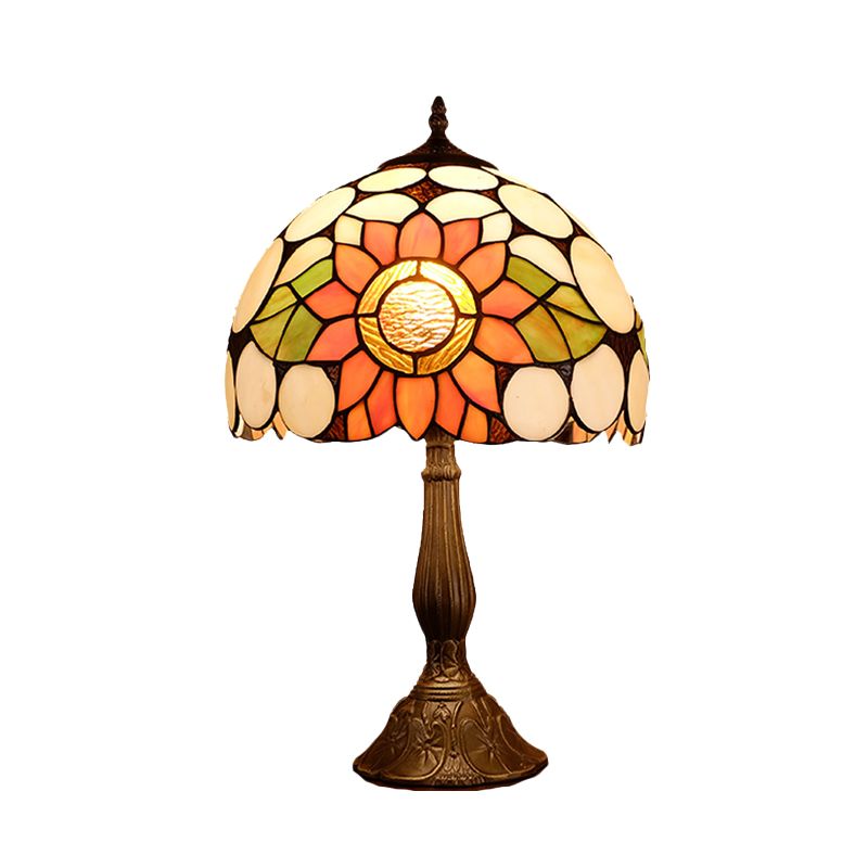 Bronze 1-Head Night Lighting Mediterranean Hand Cut Glass Domed Shade Nightstand Lamp with Sunflower Pattern