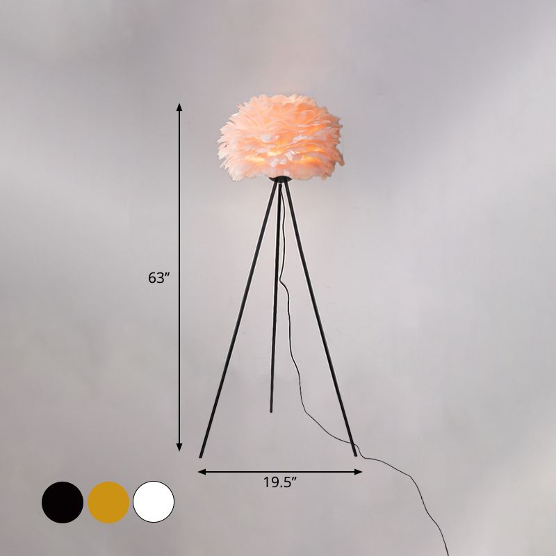 Dome Feather Floor Lamp Minimalist Single Grey/White/Pink Floor Light with Black/White/Gold Tripod for Bedroom