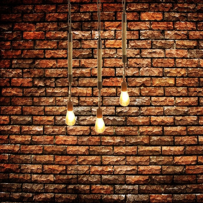 1 Light Bare Bulb Pendant Lighting Industrial Black Finish Hemp Rope Hanging Light Fixture for Restaurant