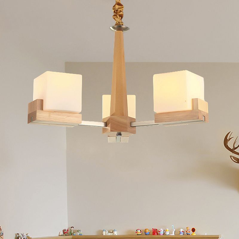 Glaswürfel Deckenlampe 3/5/8 Köpfe Nordische Kronleuchterbeleuchtung in Holz für Wohnzimmer