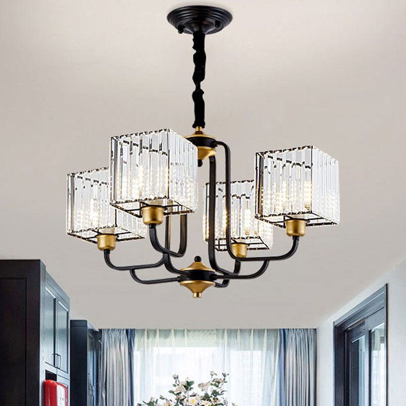 Square Pendant Chandelier Modernism Crystal 4/6/8 Bulbs Black Hanging Light Fixture, 26"/34"/36" Wide