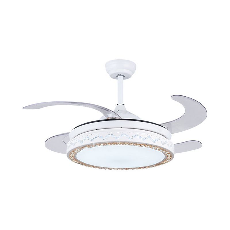 Acryl ronde hangende ventilatorlamp 42 "W LED LEDE ROOM SEMI SEMI VLOK MOUNT plafondlicht in wit met 4 messen, afgelegen/muurregeling/afstandsbediening en muurregeling