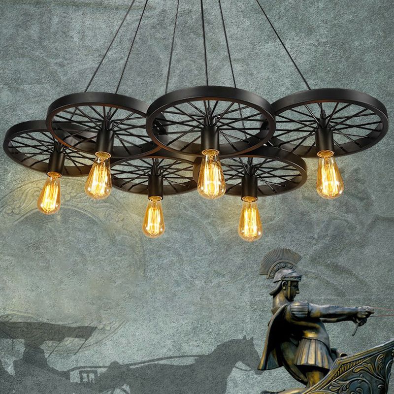 Wagon Wheel Shaped Bar Pendant Lamp Industrial Metal Multi Hanging Light Fixture