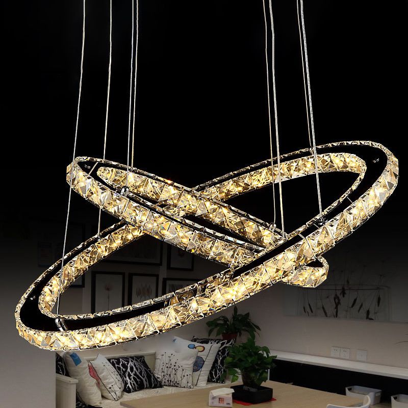 Stainless-Steel Silver LED Pendant Light in Modern Luxury Style Circular Ceiling Light with Crystal Shade