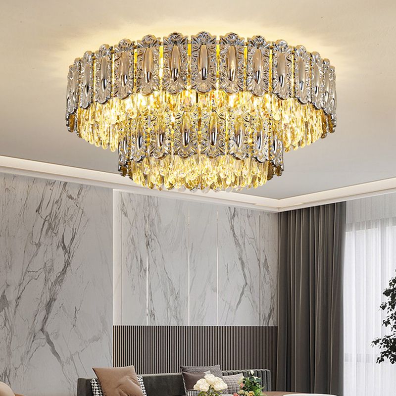 Iron and Crystal Drum Ceiling Flush in Gold Contemporary Flush Mount