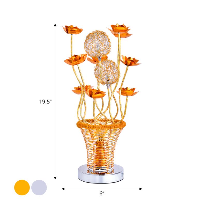 Basket-Like Aluminum Desk Light Art Decor Bedside LED Vine Night Table Lamp with Blossom and Orb Decor in Gold/Silver