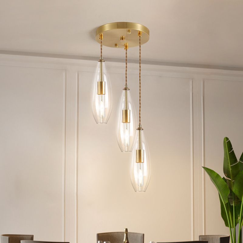 Messing waterdrop multi -light hanger modernistische 3 bollen helder glazen suspensielamp met ronde luifel