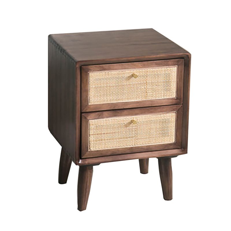 Wicker & Rattan Modern Night Table Solid Wood 2-Drawer Storage Nightstand