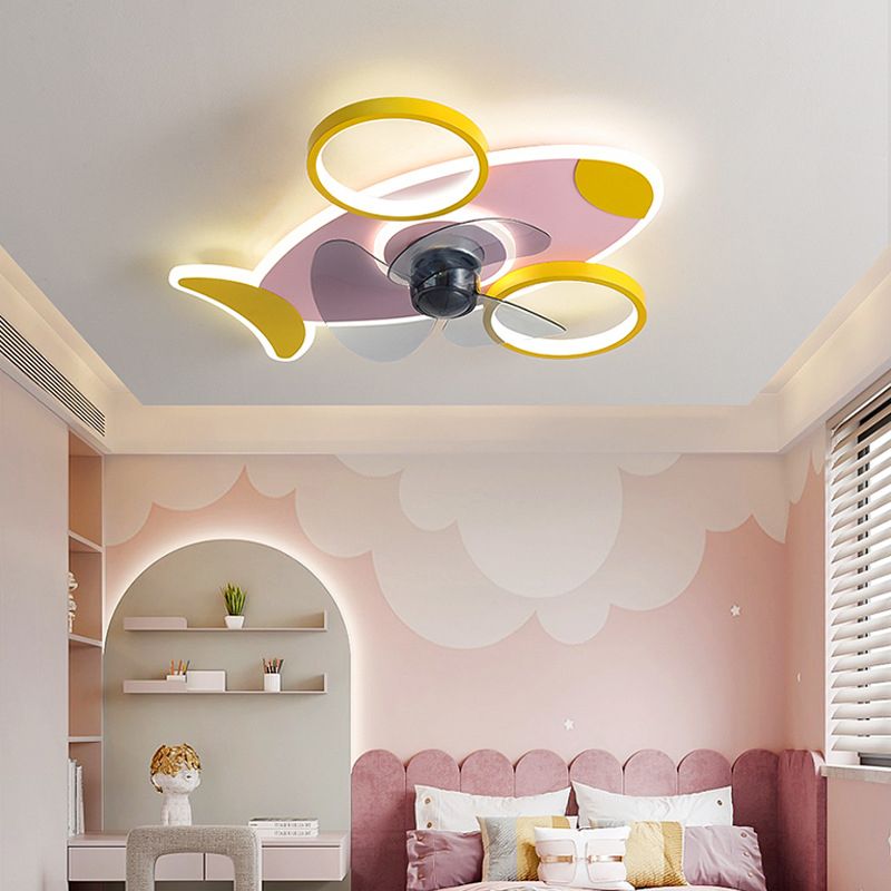 Creative Aircraft Shaped Ceiling Fan Light Metallic Child Room Semi Flush Mount Lamp