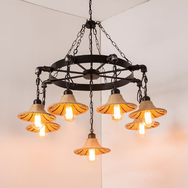 Warehouse Wheel Chandelier Light 7/9 Heads Metal Hanging Lamp Kit in Beige with Flared Rope Shade