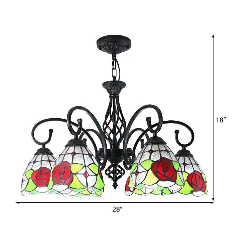 Tiffany Rose Chandelier Light 6 Lights Stained Glass Indoor Pendant Light in Red for Living Room