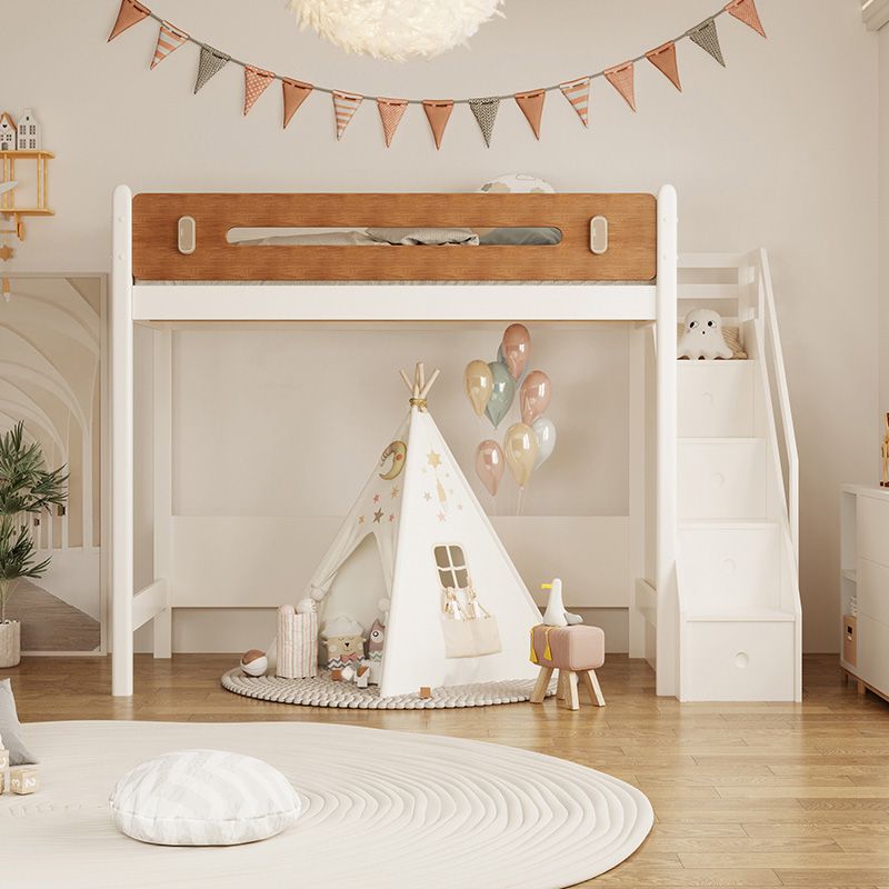 Contemporary Loft Bed with Guardrails in White Solid Wood No Theme