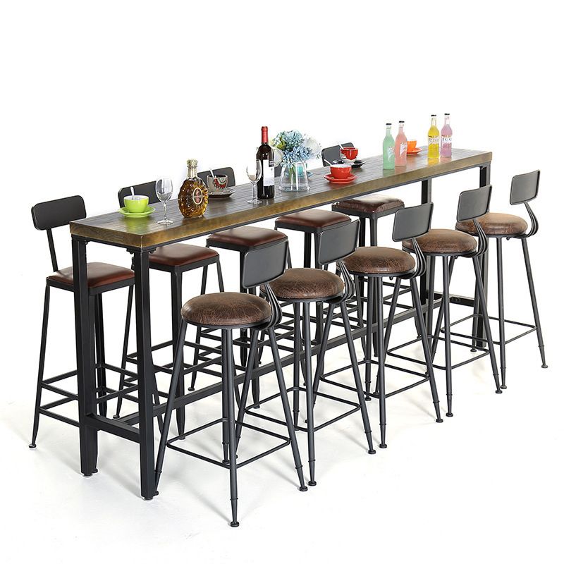 Solid Wood Bar Table Rectangle Industrial Bar Dining Table with Trestle Base