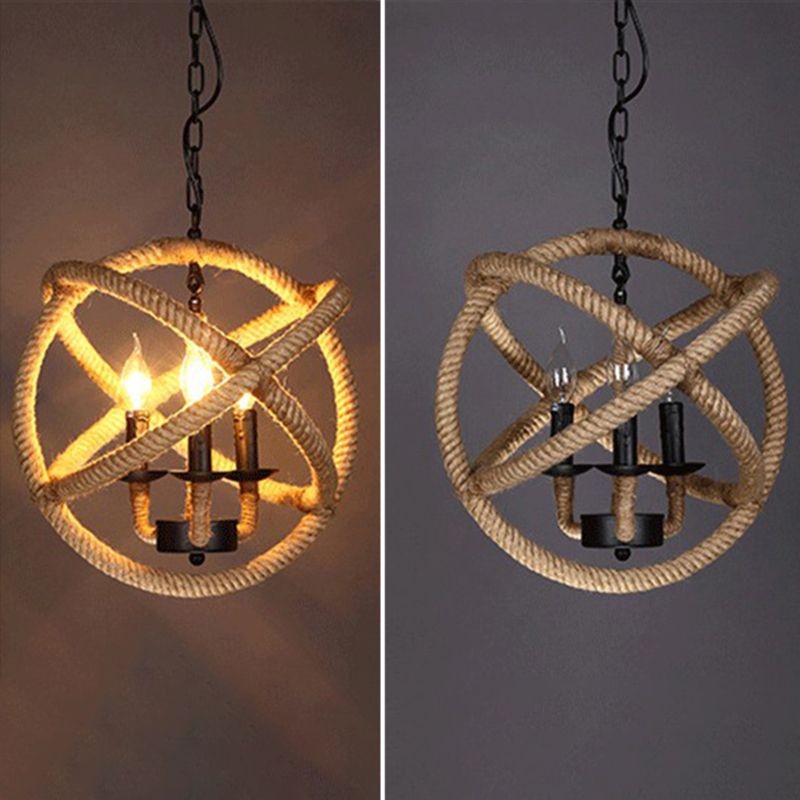 Globe Metal Pendant Lighting Industrial 3 Lights Hemp Rope  Chandelier Hanging Light Fixture in Black