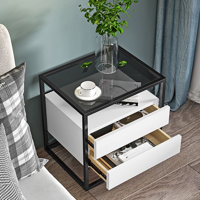 21'' Tall Modern Accent Table Nightstand Glass Top 2-Drawer Iron Bedside Cabinet