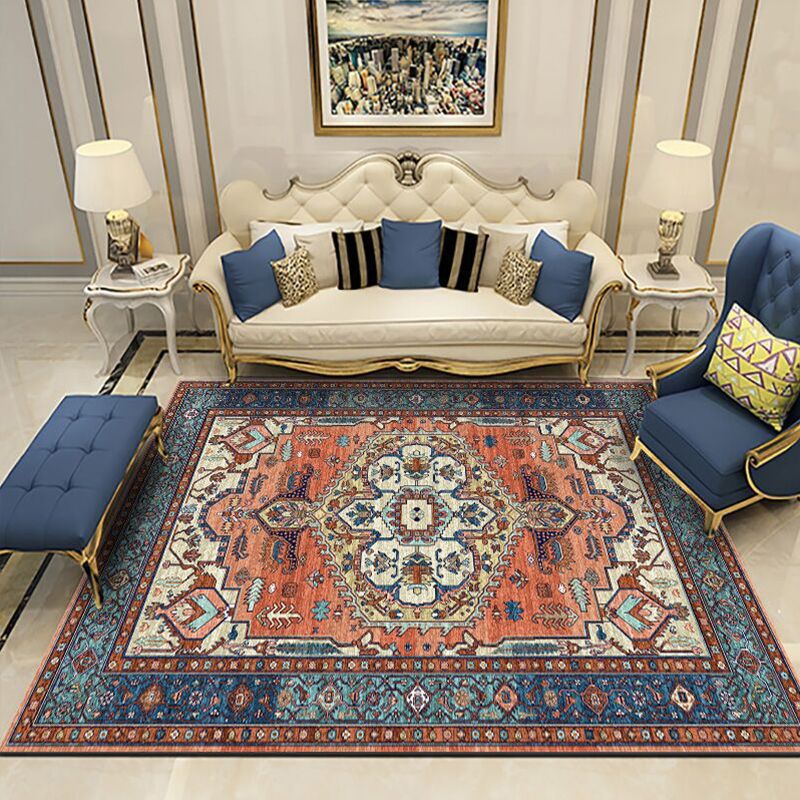 Blue Medallion Area Carpet Polyester Vintage Rug Washable Indoor Rug for Indoor Room