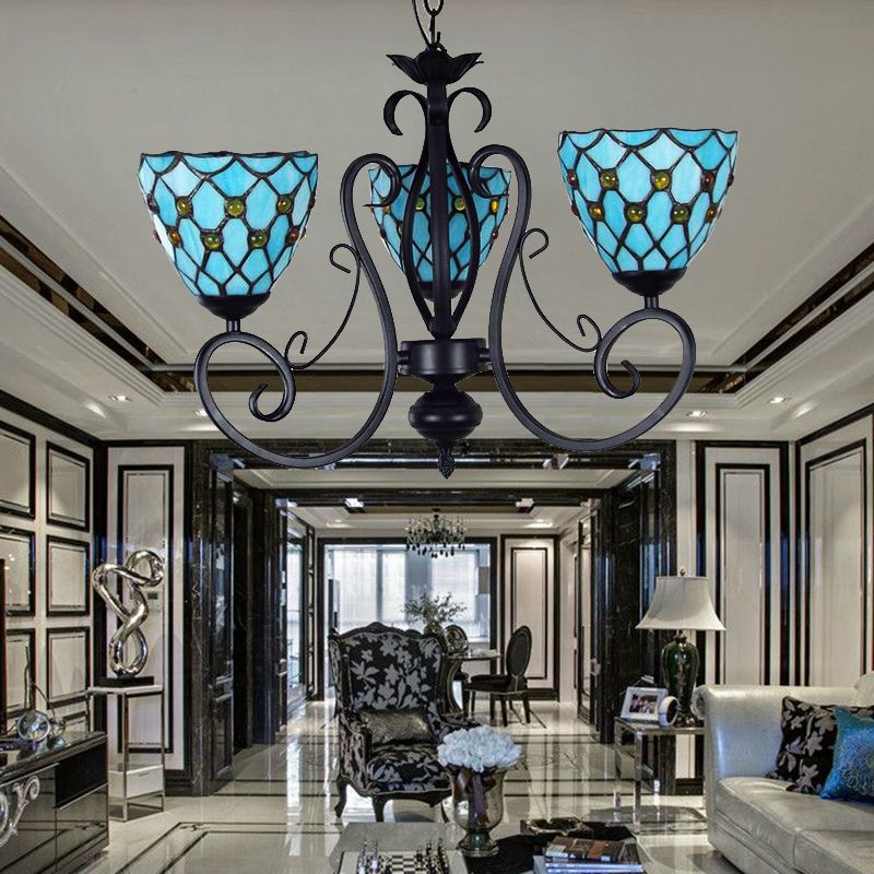 Bead Ceiling Pendant Light with Bowl Shade Blue Glass Traditional Chandelier with Metal Chain