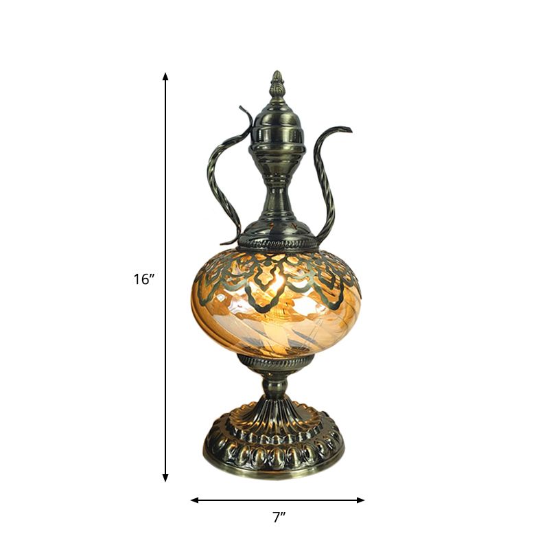 Amber Glass Brass Table Lighting Teapot/Oval 1 Bulb Bohemia Nightstand Light for Bedroom, 14"/16" Tall