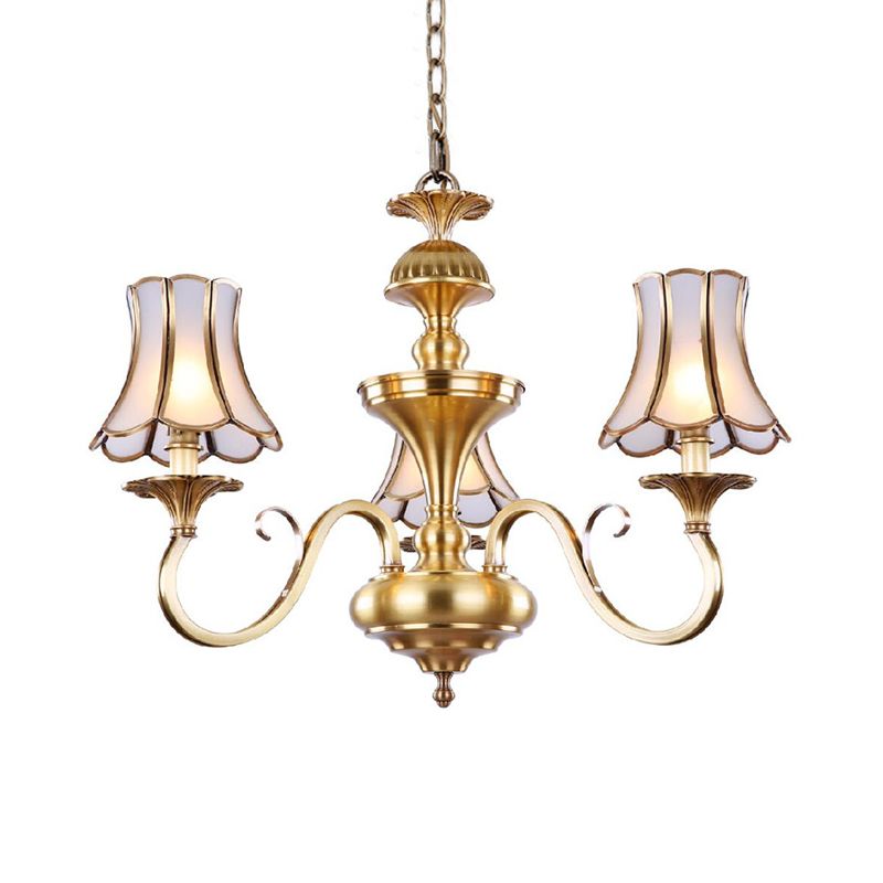 3/5/6 Lights Chandelier Light Traditional Bedroom Ceiling Lamp with Flared Frosted Glass Shade in Polished Brass