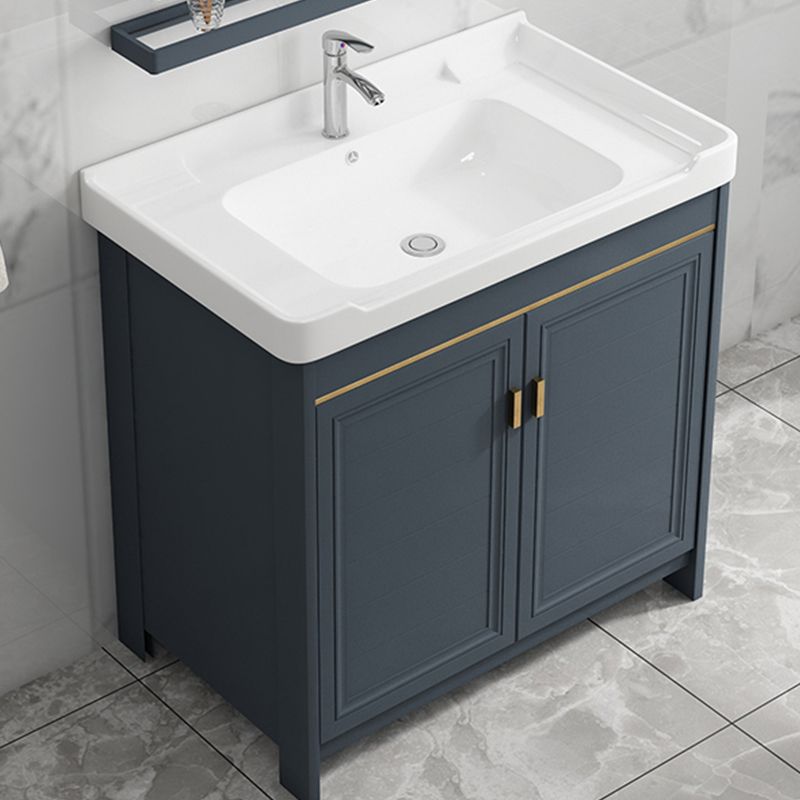 Freestanding Bath Vanity Blue Rectangle Mirror 2 Doors Bathroom Vanity with Single Sink