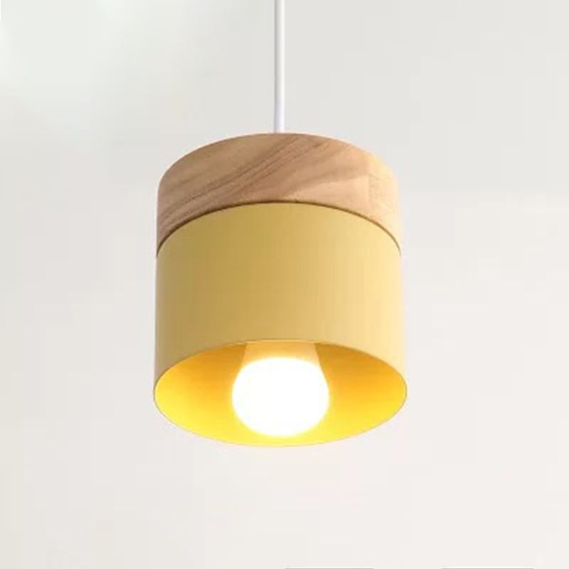 Cylindrical Metal Hanging Lamp Minimalist 1-Light Wood Pendant Light Fixture over Table