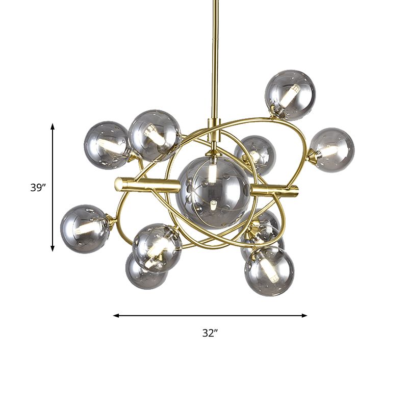 Gold Concentric Ring Pendant Light with Sphere Shade Amber/Clear/Smoke Glass Contemporary Chandelier for Living Room