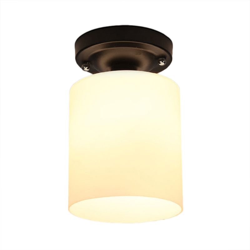 Black One Light Ceiling Mount Industrial Milky Glass Cylinder Semi Flush Light for Corridor