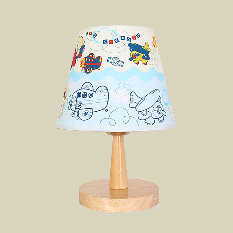 Fabric Conical Table Lamp Cartoon 1 Head Wood Nightstand Light with Airplane/Elephant/Bear Pattern for Bedroom