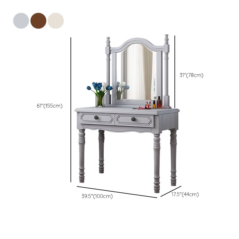 Traditional 2-Drawer Wood Dressing Table with Mirror Makeup Vanity Stool