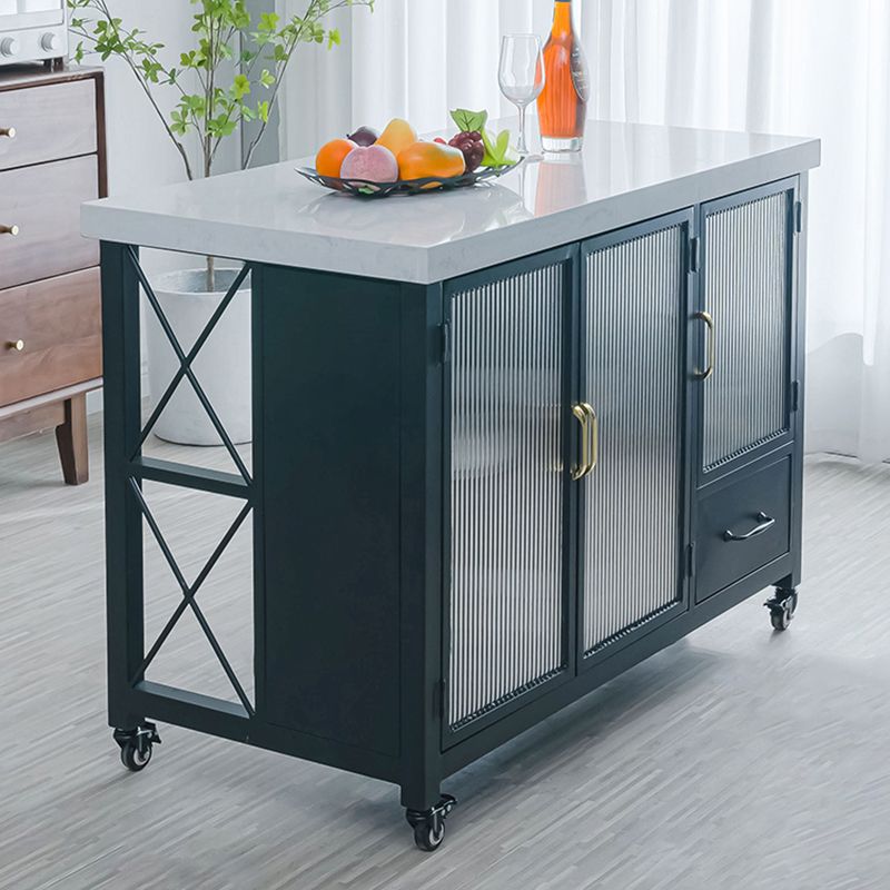 Rectangular Contemporary Kitchen Island Cart with Black Metal Base