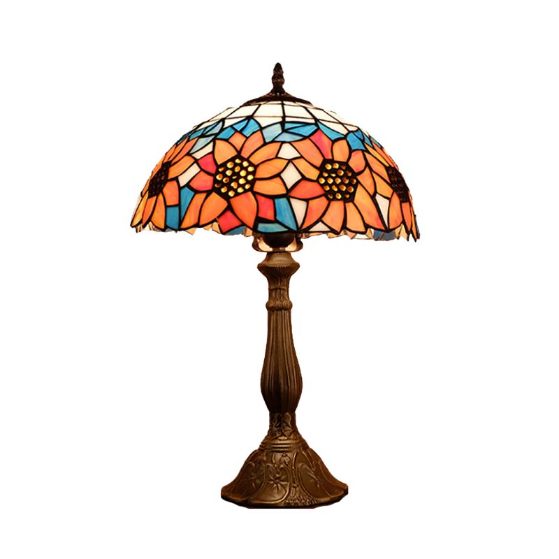 Baroque Bowl Shade Table Light 1-Bulb Hand Cut Glass Sunflower Patterned Nightstand Lighting in Yellow/Orange