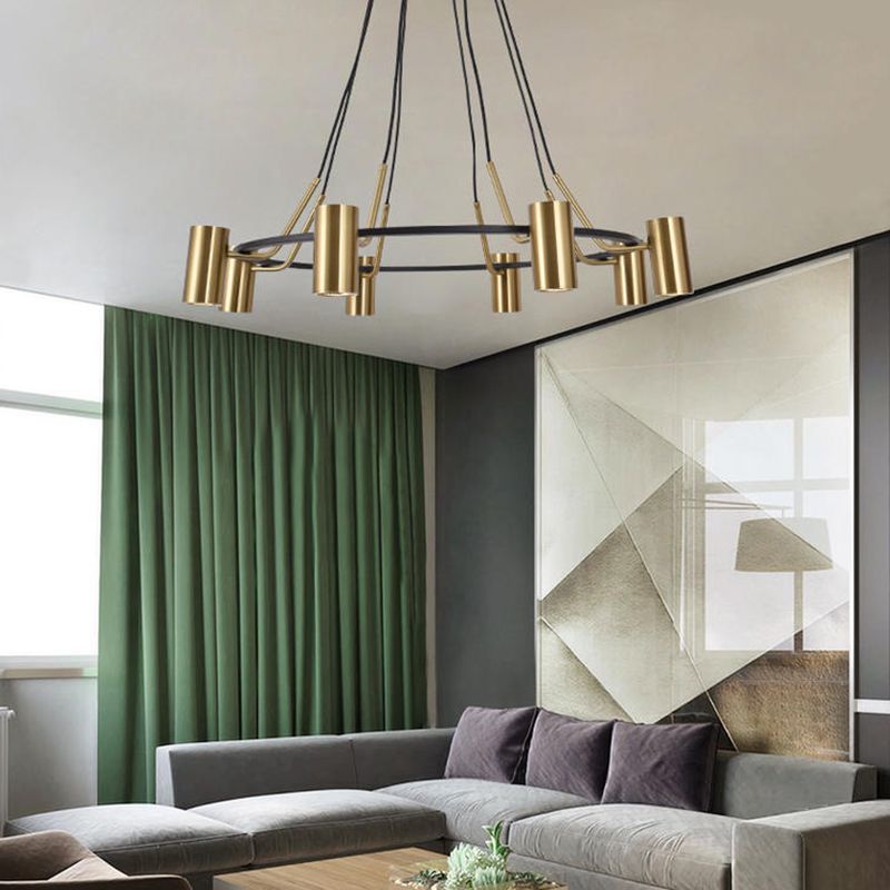 Gold Hanging Lamp Postmodern Style Cylinder Shape Metal Chandelier Pendant Light