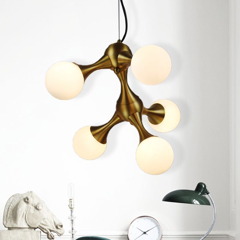 Metal Starburst Chandelier Lamp Modern 5/9/15 Lights Brass Chandelier Light with White Glass Globe Shade