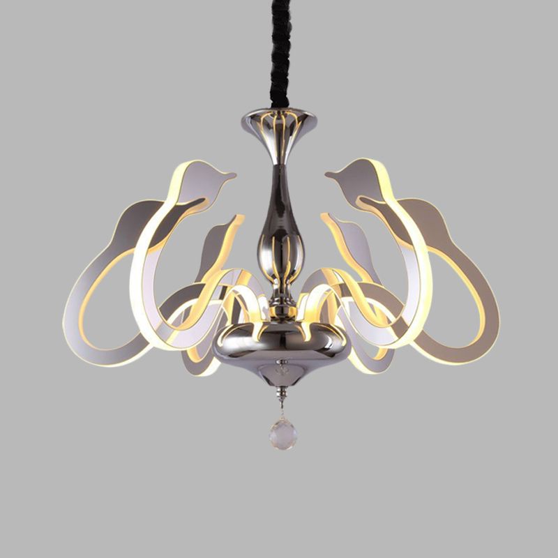 Swan Head Acrylic Chandelier Modernism 6 Bulbs Chrome Hanging Lamp in White/Warm/Natural Light with Crystal Drop