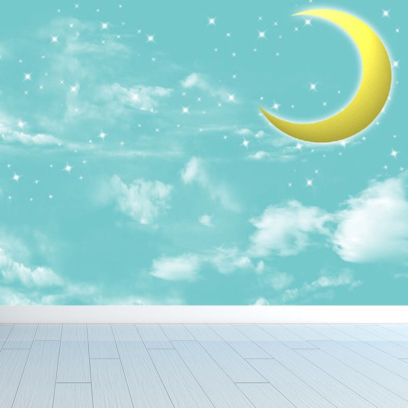 Moon and Stars Mural Decal Kid's Style Non-Woven Textured Wall Covering in Soft Color