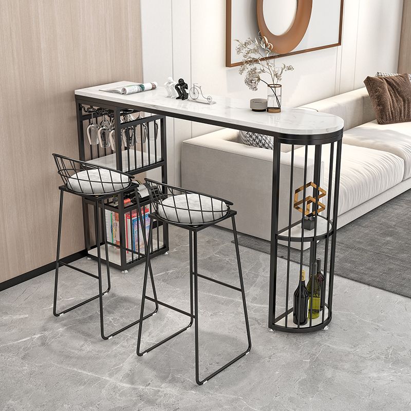 Glam Faux Marble Indoor Pub Bar Table Iron Double Pedestal Bar Dining Table with 5-Shelf