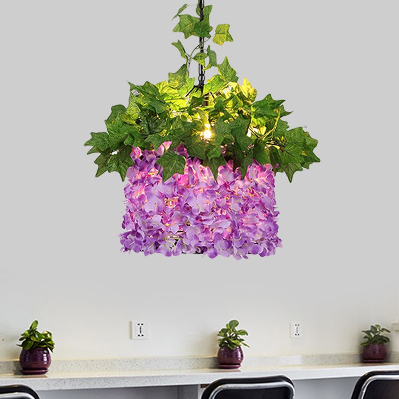 Purple 1 Light Ceiling Pendant Retro Metal House LED Drop Lamp with Flower Decoration