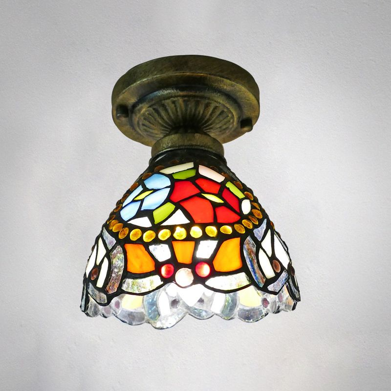 Single Semi Flush Tiffany Style Bowl Shade Stained Art Glass Flush Ceiling Light Fixture